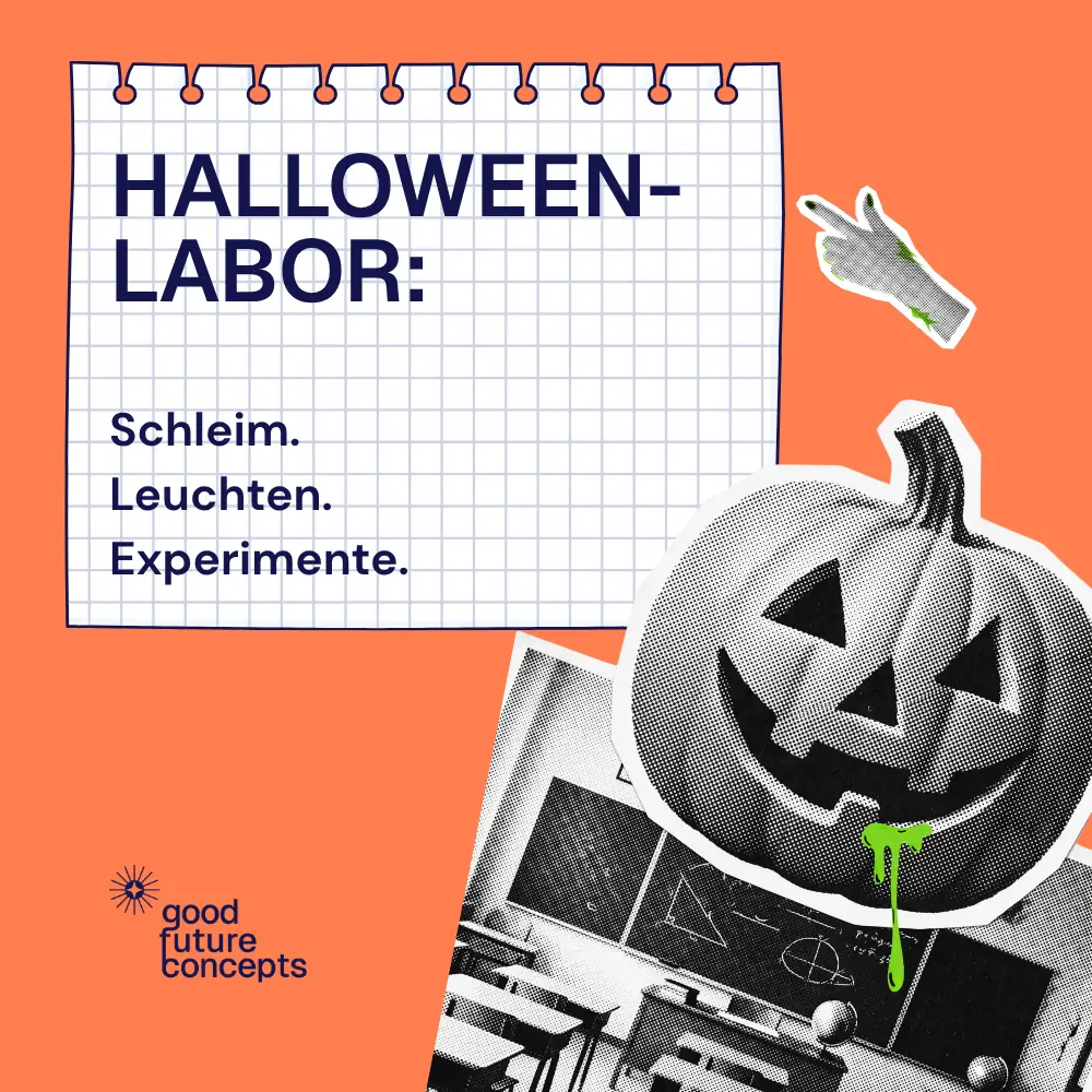 Werbegrafik für den Workshop Halloween-Labor: Schleim, Leuchten, Experimente – mit leuchtendem Kürbis