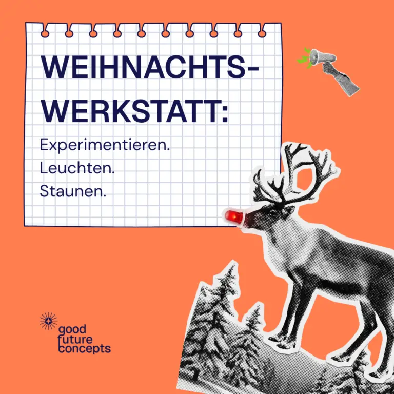 Werbegrafik für den Workshop Weihnachts-Werkstatt: Experimentieren, Leuchten, Staunen – mit leuchtender Rentier-Nase